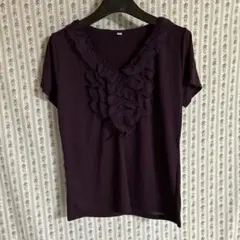 紫色 フリル付きVネック 半袖Tシャツ