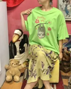 612.ナマケモノネオングリーンビッグT BIG Tee 黄緑色 【古着】