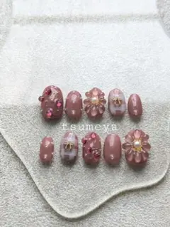 （オーダー可） ハンドメイド ネイルチップ チェック×さくらんぼ　ピンク