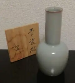 渡部秋彦作 雷神窯 青磁 砧 花入 共箱 略歴付 花瓶