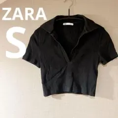 【ZARA】[S]ポロ風ショート丈Vネック リブTシャツ 黒