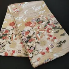 正絹 六通 袋帯 金銀 鶴 牡丹 刺繍 k5-1
