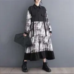 値下げ シャツワンピースタイダイ柄　フリル裾マーメイド秋個性的モード系　黒