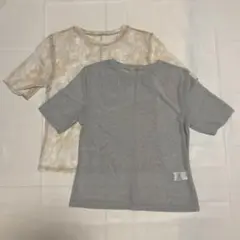 GU ベージュ柄とグレー無地の半袖シアーTシャツ2枚セット