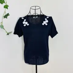 スープ　Soup フラワー刺繍付半袖ニット　ウォッシャブル　ネイビー　М