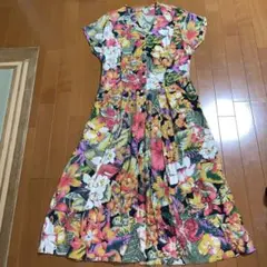 フラワープリント 半袖ロングワンピースL
