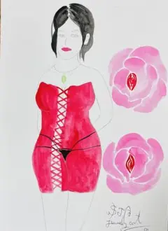 自画像ドローイング♡A4水彩アクリル絵画原画抽象画