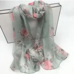 花柄シフォンストール　モスグリーン　ピンク　シック　寒暖調節　日焼け対策
