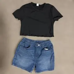 SHEIN へそ出しTシャツ チビT ユニクロ デニムショートパンツセット