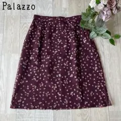 【Plazzo】総レース張り　花柄刺繍　ひざ丈　台形スカート秋物　左裾スリット