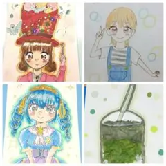 手書きイラスト　手描き　女の子　抹茶ラテ　貼り絵　コピック　まとめ売り