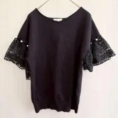 アクシーズファム トップス カットソー チュニック レース 半袖 黒 F 春夏