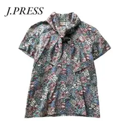 J.PRESS ボウタイ　ブラウス　花柄　麻混　シャツ　ヴィンテージ　レトロ　M