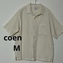coen オープンカラー半袖シャツ メンズM アイボリーエンボス加工