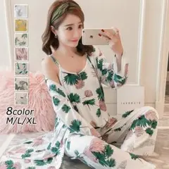 GG957 3点パジャマ ルームウェア レディース 春夏秋冬 前開き 花柄