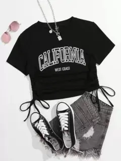 SHEIN サイドリボンドローストリング クロップシャツ