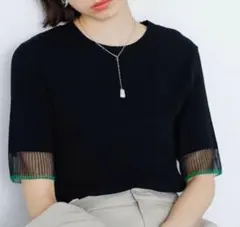 ⭐︎最終価格！美品　袖口シアーリブトップス　シースルー　リブニット　半袖　黒　M