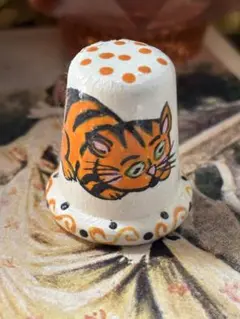 イギリス◆ハンドクラフト木製シンブルハンドペイント◆猫