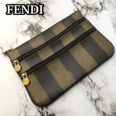 良品 フェンディ ポーチ ペカン柄 ゴールド金具 3連ファスナー PVC×レザー