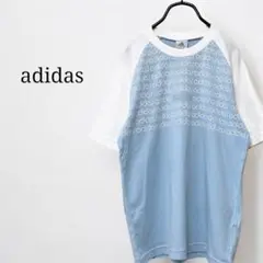 adidasアディダス(160)半袖ロゴTシャツ　ラグランスリーブ　白　水色