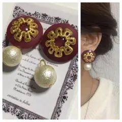 507 2way☺︎くすみピンクと刺繍風ゴールドのアンティークピアス×パール☺︎