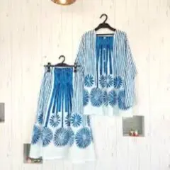 キルキー　青と白のストライプ 花柄ロングスカート インド