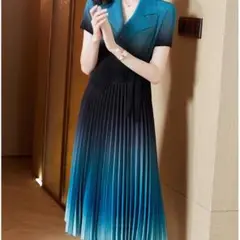 大人気 半袖 ワンピース 青 ブルー フレア 夏 パーティ ドレス 韓国 夏