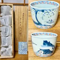 新品 未使用 宮崎祐輔 作 染錦風景文 そば千代口揃 蕎麦猪口 5碗 共箱