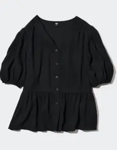 UNIQLO Vネックボリュームスリーブブラウス（半袖） XSブラック