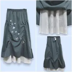 【ScoLar】蝶柄プリント メッシュ切替 ドロストスカート タグ付未使用