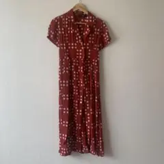 【vintage】ドット柄開襟シャツワンピース　レトロ　赤