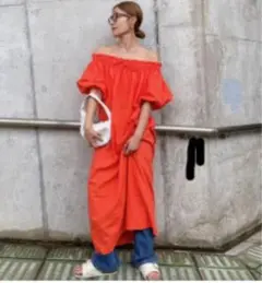 オレンジ パフスリーブ ロングワンピース M