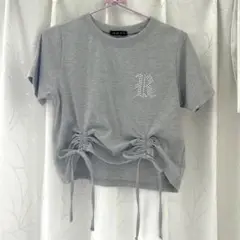 ビジュー付き グレー クロップド ドロスト Tシャツ