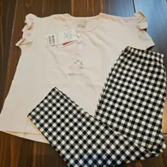プティマイン♡薄ピンクフリル袖Tシャツ&イオンチェックパンツ100センチ　新品
