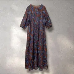 816 美品✨フラワープリント花柄ロングワンピース ブラウン 日本製 綿100%