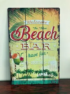 新品未使用 ブリキ看板 BEACH BAR ウッド調 トロピカルカクテルイメージ