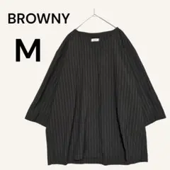 ストライプ柄五分袖チュニック M ブラック ゆったり 体型カバー 薄手 軽量