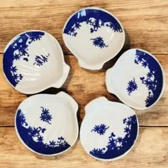 貝殻の形　豆皿　南天　紅葉　5枚　藍染　染付　変形皿　角皿　醤油皿　新品未使用