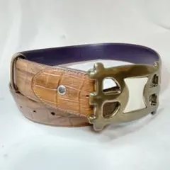 美品　エリオットローズ　クロコ型押し　ベルト　ネイビー　ゴールド 美品 ELLIOT RHODES エリオットローズ 高級ベルト レザー クロコ