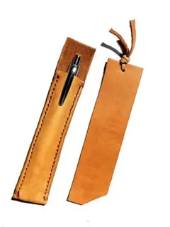 ヌメ革　ハンドメイド　本革　ペンケース、ブックマーカーセット　オレンジブラウン
