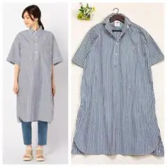 《美品》DANTON ストライプ ロング シャツワンピース ロゴ 白 ブルー F