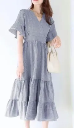 ギンガムチェック柄 Vネック ロングワンピース 半袖