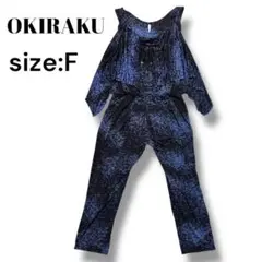 【OKIRAKU】 サロペット　総柄　ストレッチ チャック ブラック