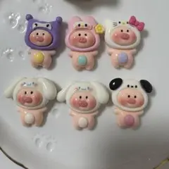ブタ 着ぐるみ サンリオ デコパーツ 6個セット キティ マイメロ クロミ