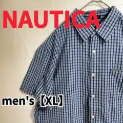 Y471【NAUTICA】半袖胸ポケットチェックシャツ【XL】ブルー