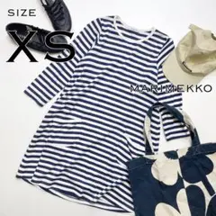 marimekkoマリメッコ ボーダー柄ひざ丈ワンピース 白×ネイビー XS