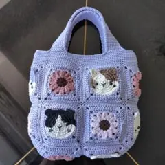 新作　 子猫＆お花のモチーフ編みグラニーバッグ 1070