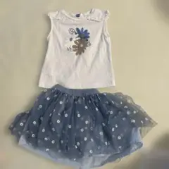 花柄トップスとブルーチュスカートセット 98cm