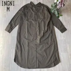 【INGNIイング】秋　長袖シャツロングワンピース　ゆったりシルエット　カーキM