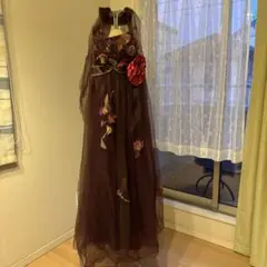 Mサイズ　ダークパープル ロングドレス 花装飾